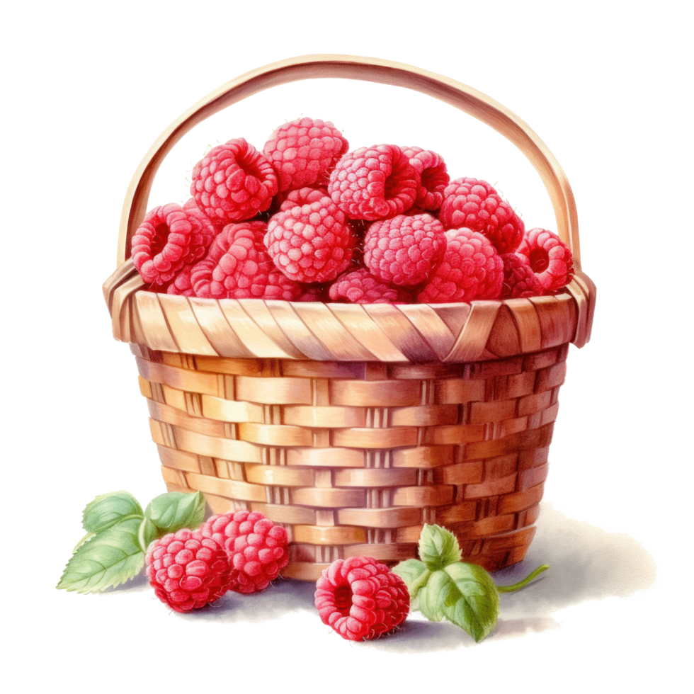 Watercolor raspberries in basket. Illustration png