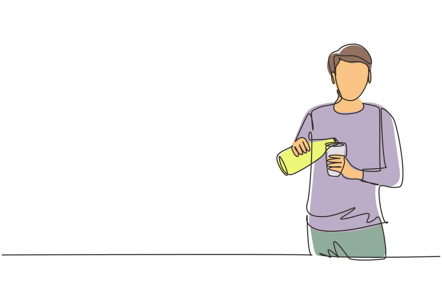 Single continuous line drawing handsome male pouring orange juice into glass from bottle while having breakfast at home. Healthy lifestyle concept. One line draw graphic design vector illustration