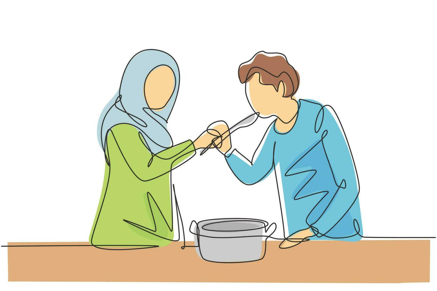 Single continuous line drawing Arab husband tasting food given by his young beautiful wife. Cooking for lunch together in cozy kitchen at home. Dynamic one line draw graphic design vector illustration