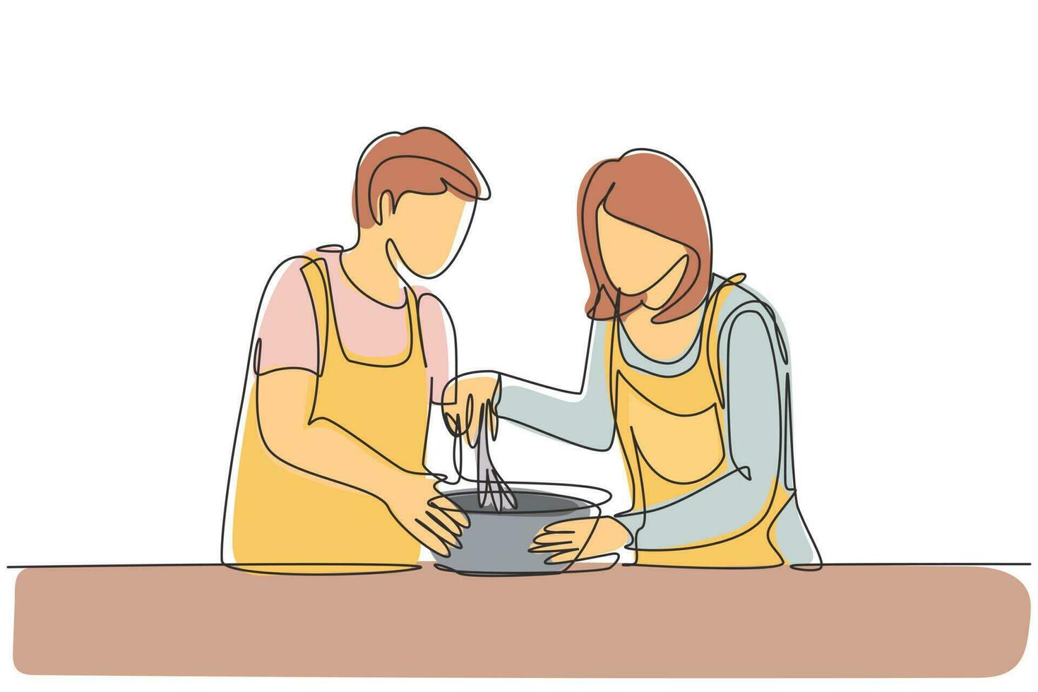 Single continuous line drawing happy romantic couple knead cake dough using manual hand mixer. Enjoying kneading cake dough together at home. Dynamic one line draw graphic design vector illustration