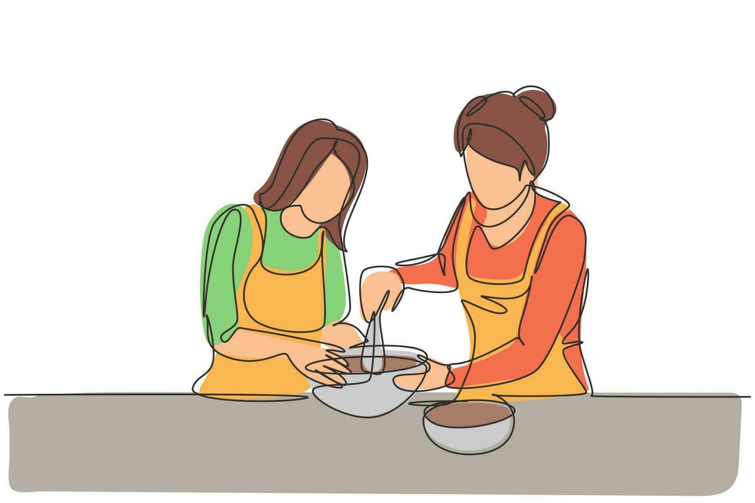 Single one line drawing happy family grandmother mother-in-law and daughter-in-law daughter knead cake dough using manual hand mixer. Modern continuous line draw design graphic vector illustration