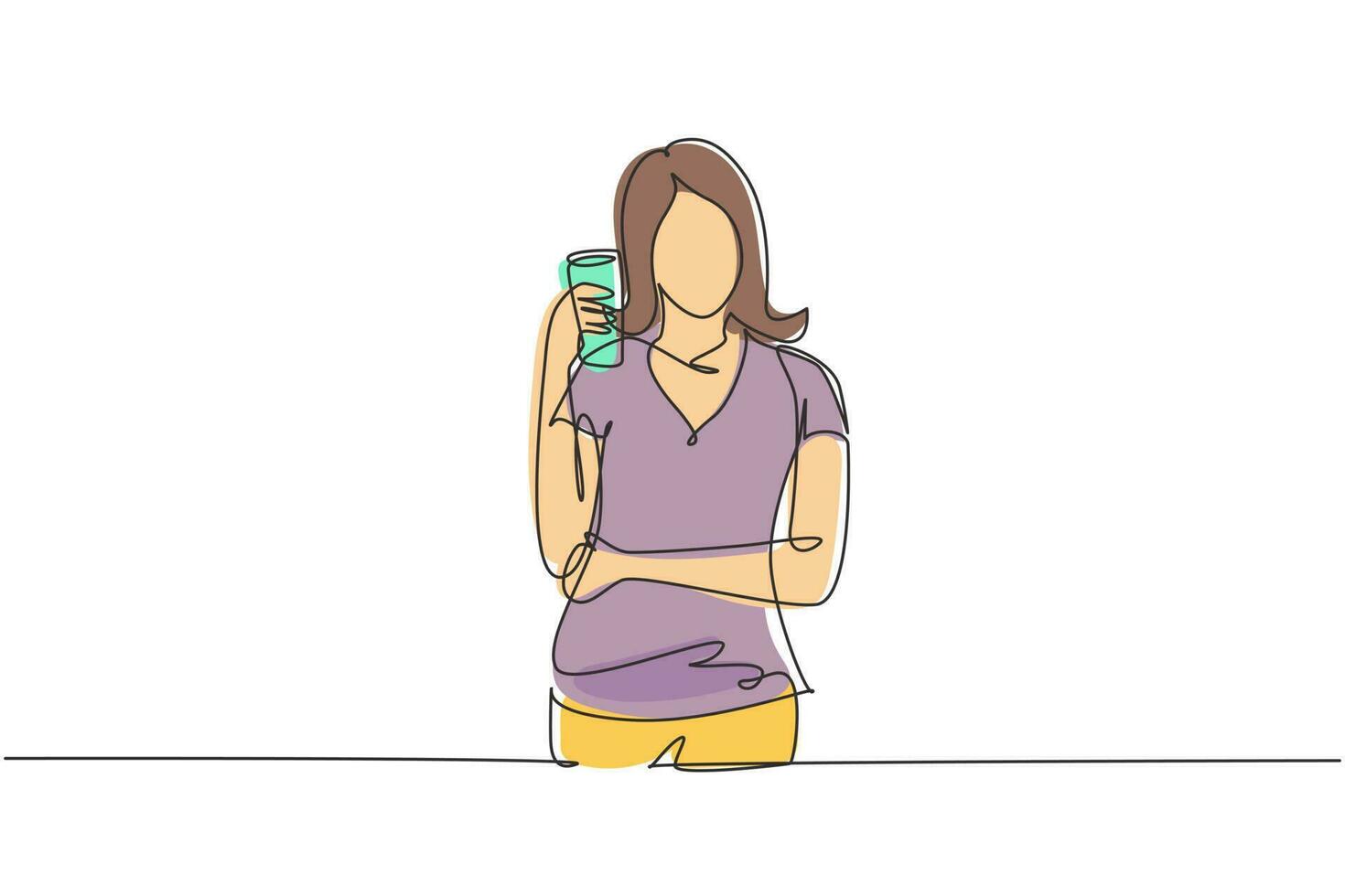 dibujo de una sola línea retrato de feliz joven hermosa mujer sosteniendo un vaso de jugo de naranja. hazla refrescante en la temporada de verano. Ilustración de vector gráfico de diseño de dibujo de línea continua moderna