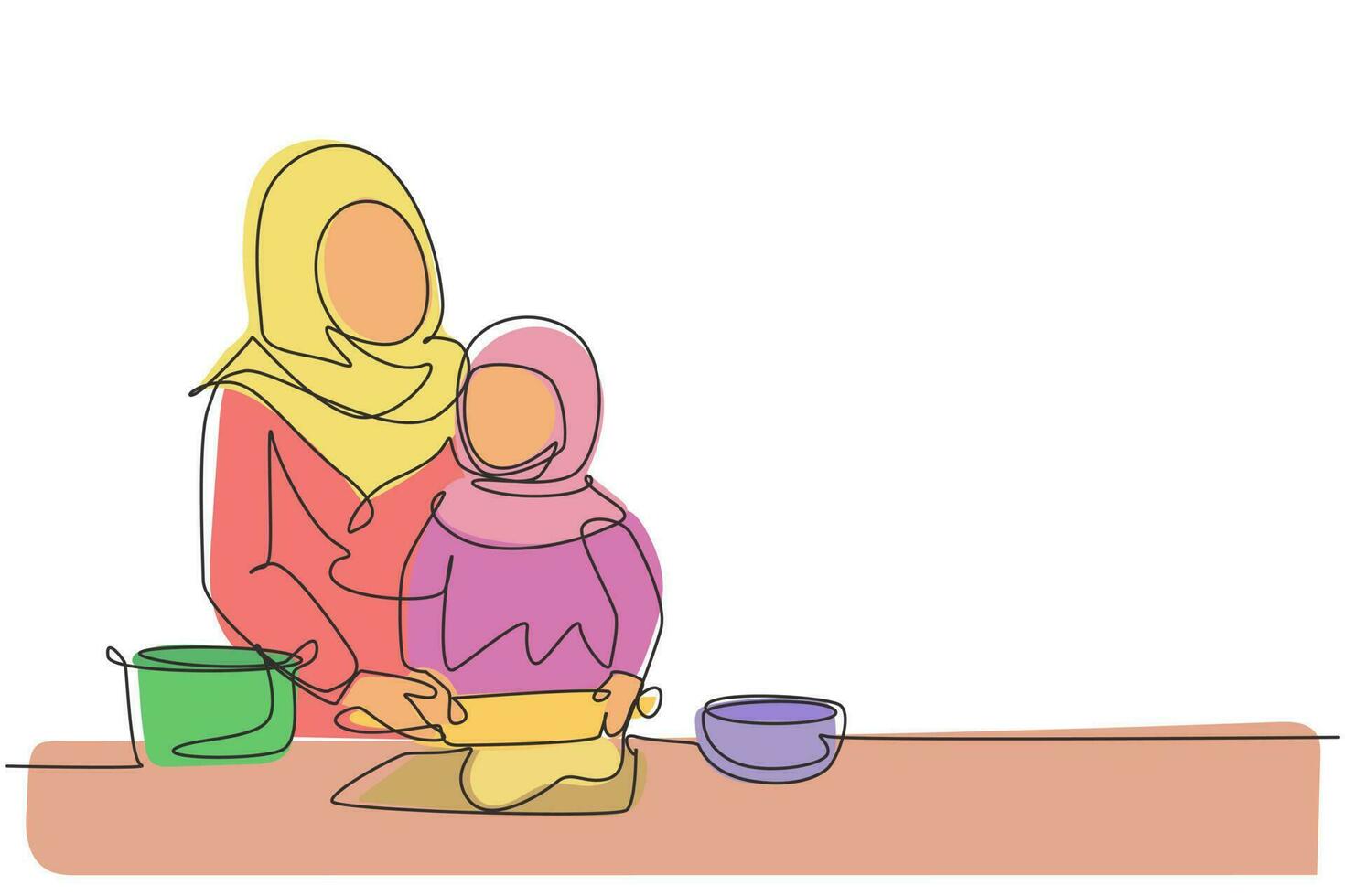 Single one line drawing beautiful young Arabian mom and her cute little daughter are playing and smiling while baking in kitchen at home. Modern continuous line draw design graphic vector illustration