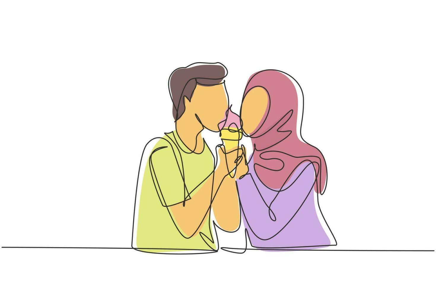 dibujo de una sola línea joven pareja árabe compartiendo helado. Celebre aniversarios y disfrute de un almuerzo romántico en el restaurante. Ilustración de vector gráfico de diseño de dibujo de línea continua moderna