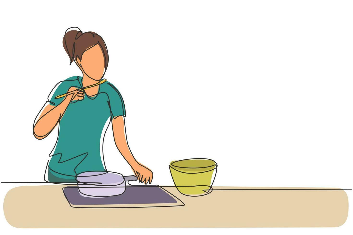 Single continuous line drawing beautiful woman mixing tomato sauce, tasting, and relish meal with wooden spatula. Prepare food at cozy kitchen. Dynamic one line draw graphic design vector illustration