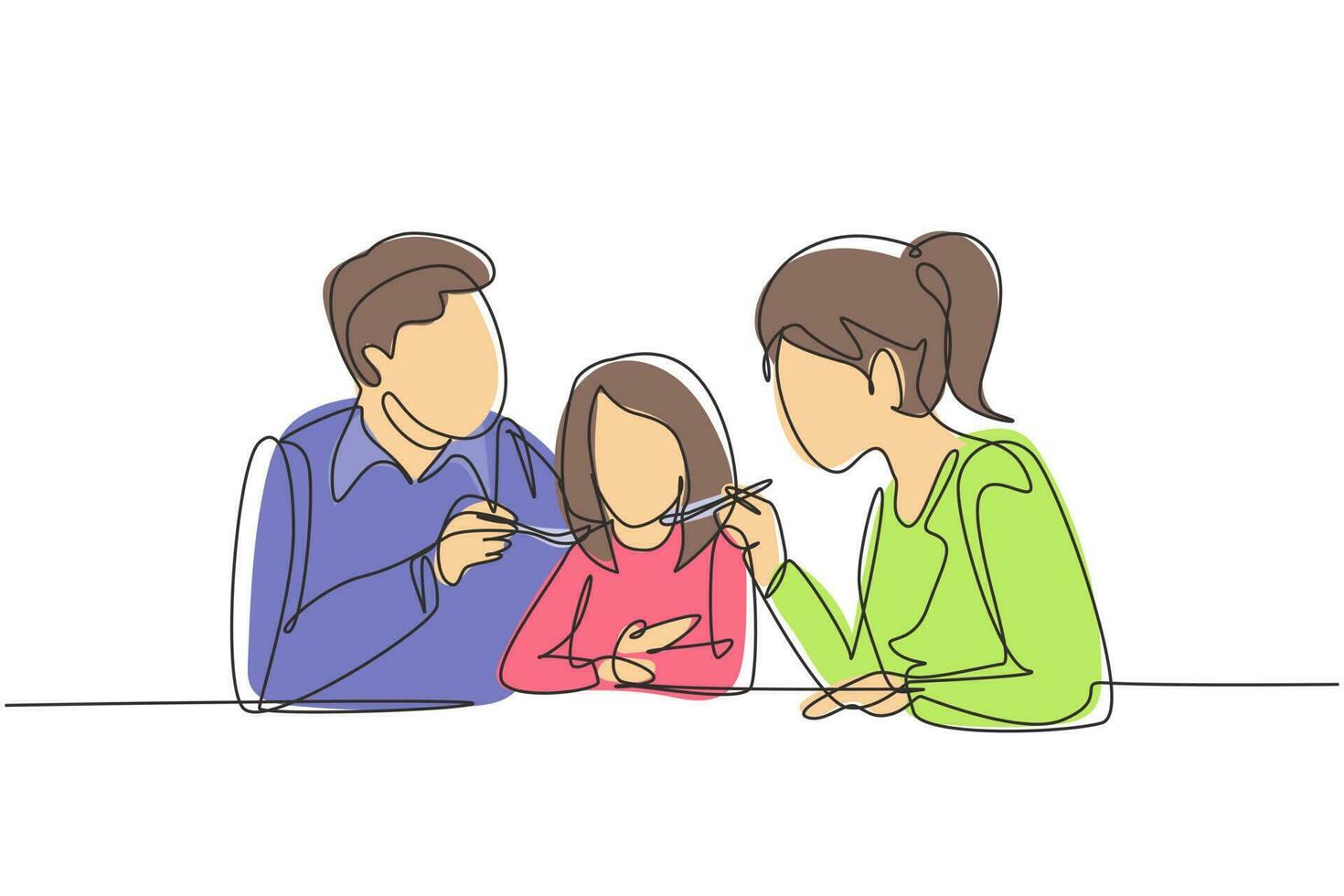 dibujo continuo de una línea joven familia divirtiéndose juntos en el restaurante. los padres alimentan a su hija con amor. pequeño concepto de familia feliz. Ilustración gráfica de vector de diseño de dibujo de una sola línea