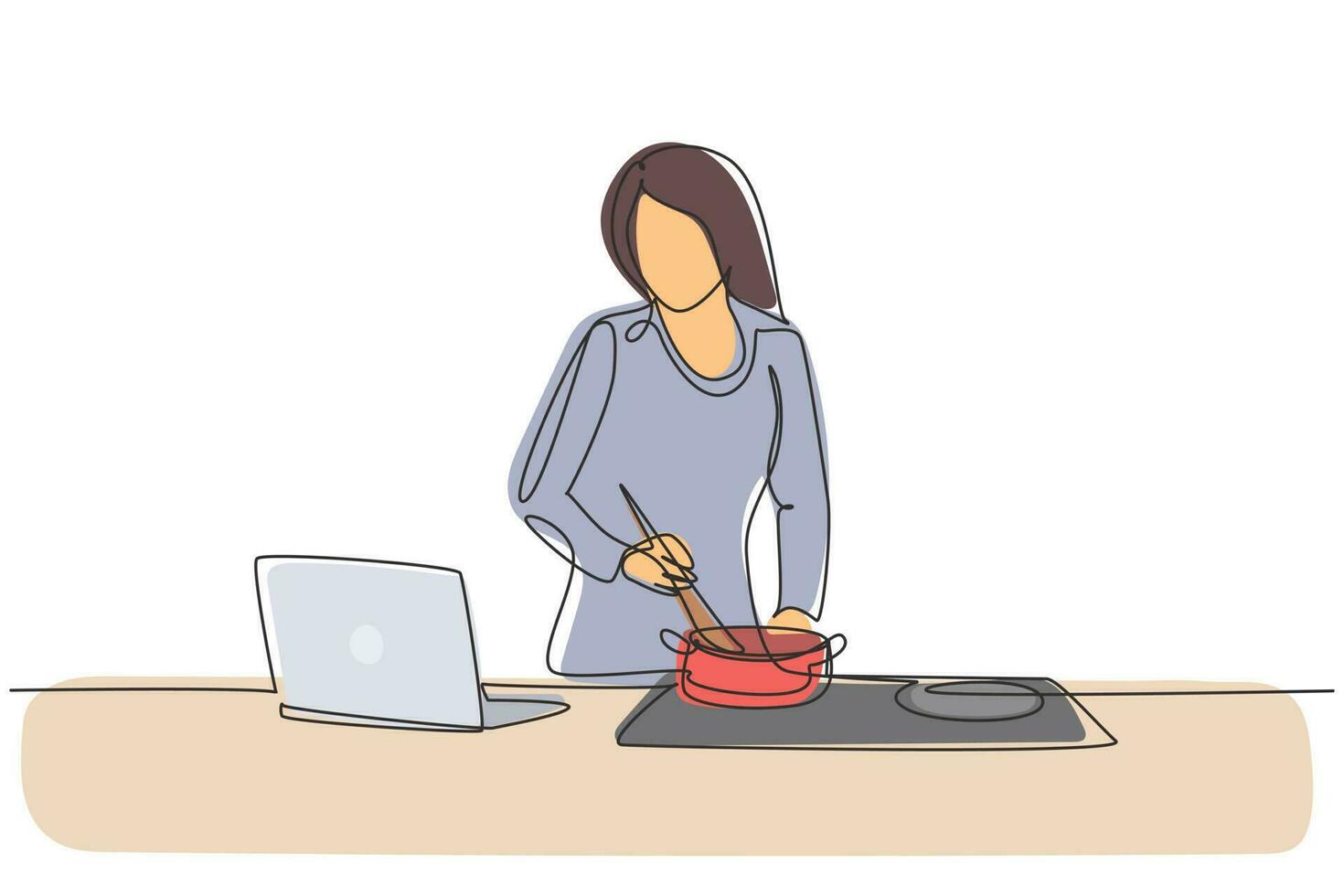 Continuous one line drawing woman cooking dinner has video call conversation in kitchen. Female talking with friend using application on laptop. Single line draw design vector graphic illustration