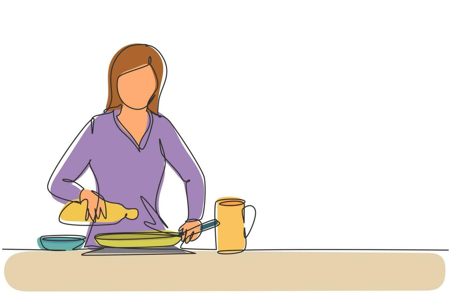 Continuous one line drawing beautiful woman pouring cooking oil from bottle into frying pan on stove. Prepare food at cozy kitchen. Cooking at home. Single line draw design vector graphic illustration