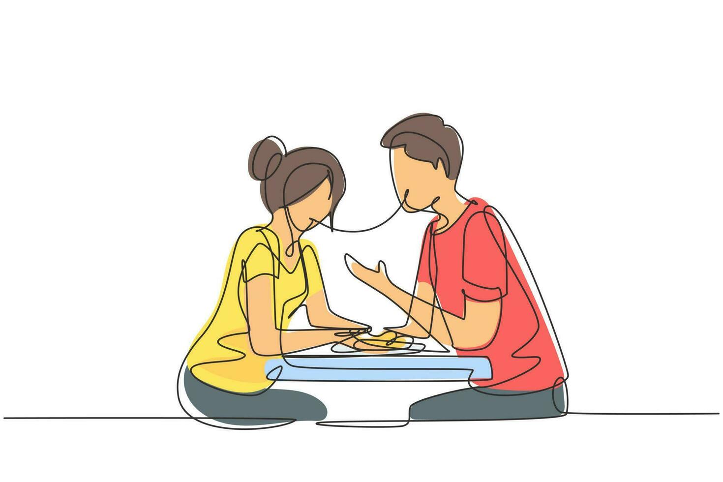 Single one line drawing young couple eating spaghetti together. Celebrate anniversaries and enjoy romantic dinner at modern restaurant. Modern continuous line draw design graphic vector illustration