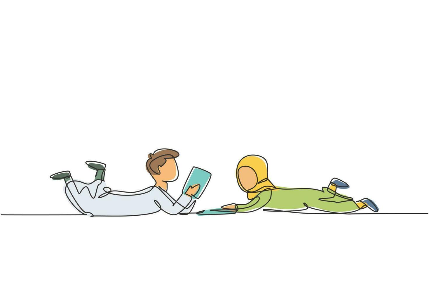 Single one line drawing two Arabian kids boy and girl reading, learning and laying down on the floor. Study at home. Smart students, education. Continuous line draw design graphic vector illustration