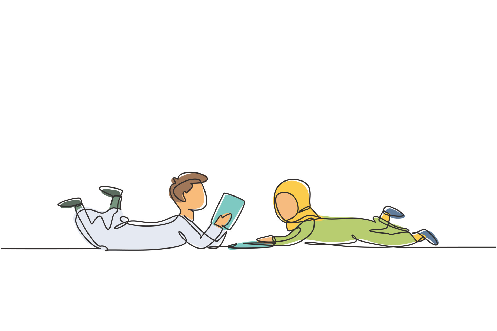 Single one line drawing two Arabian kids boy and girl reading, learning