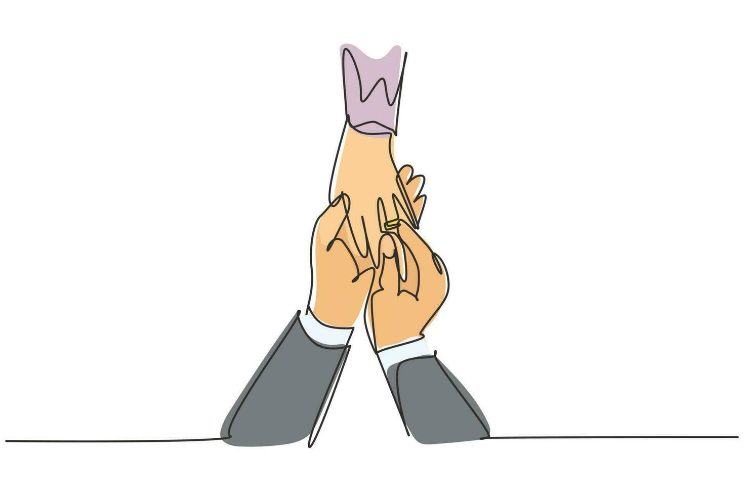 dibujo de una sola línea hombre con anillo de mano de mujer. los novios hacen voto de lealtad el día de su boda. celebración de la ceremonia de matrimonio. Ilustración de vector gráfico de diseño de línea continua moderna