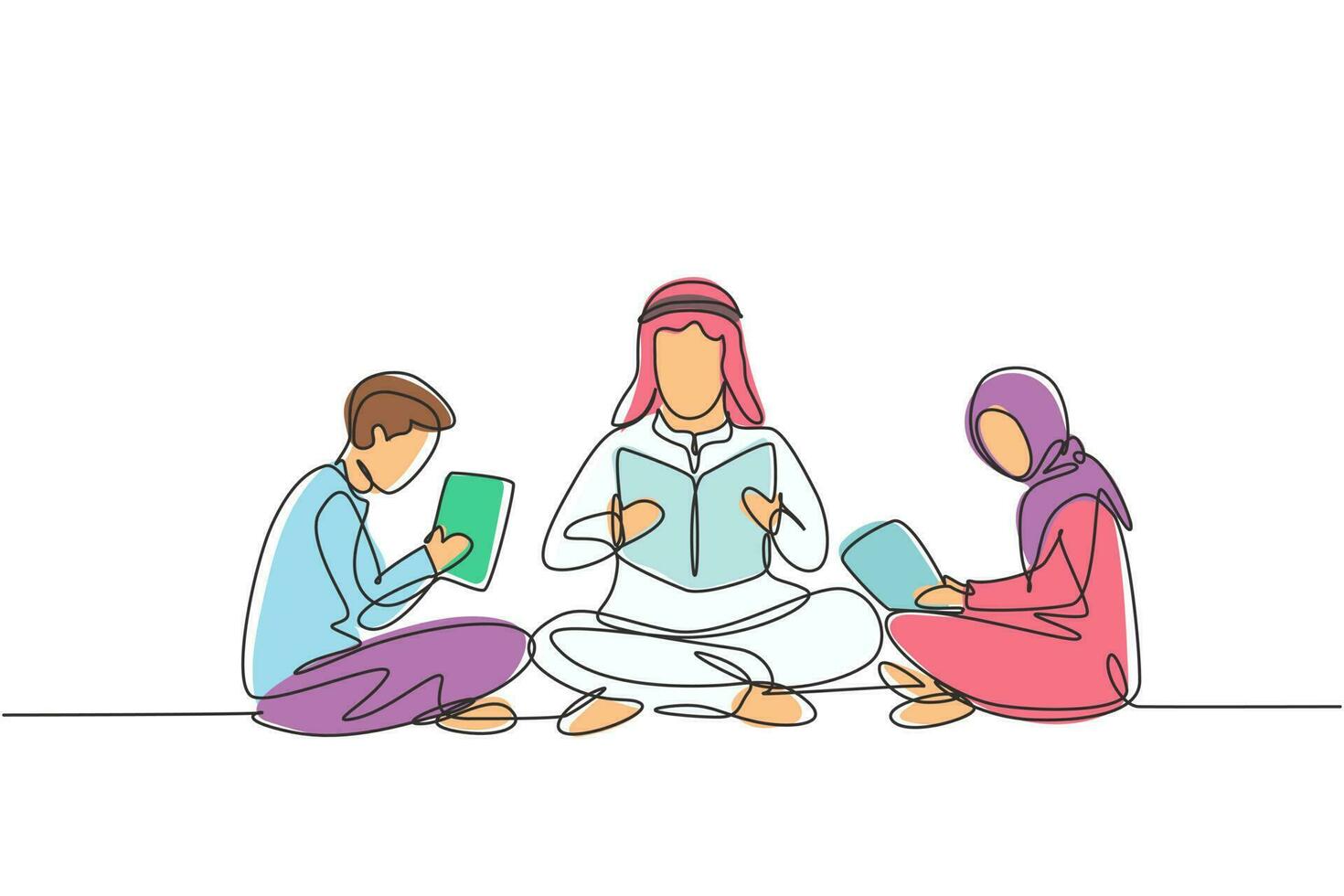 Single continuous line drawing Arabian male teacher and two students boy and girl reading, learning and sitting together. Study in library. Dynamic one line draw graphic design vector illustration