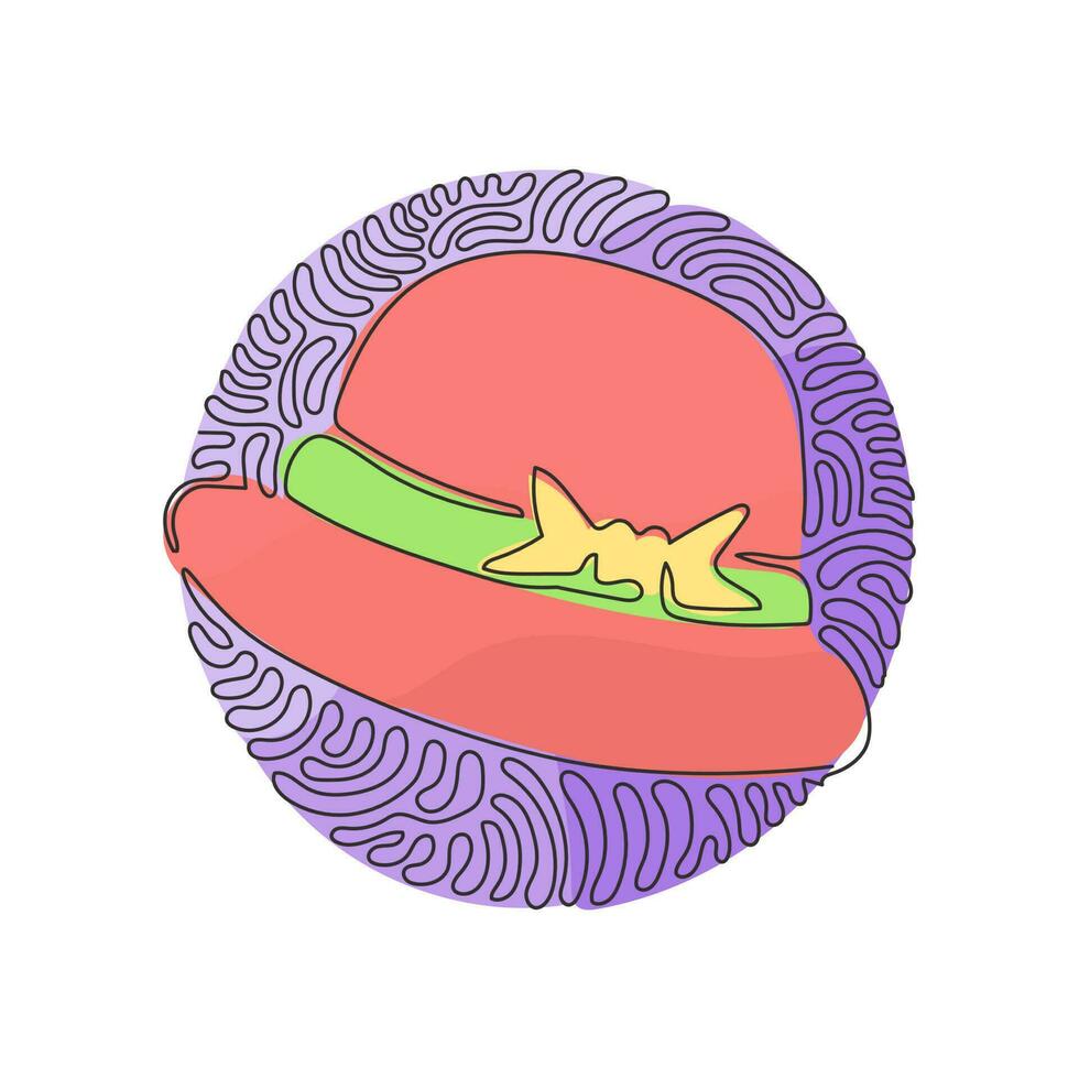 sombrero de dama de dibujo de una sola línea vintage. bonito sombrero de paja con cinta. dibujar sombreros de mujer. moda retra estilo de fondo de círculo de rizo de remolino. ilustración de vector gráfico de diseño de dibujo de línea continua