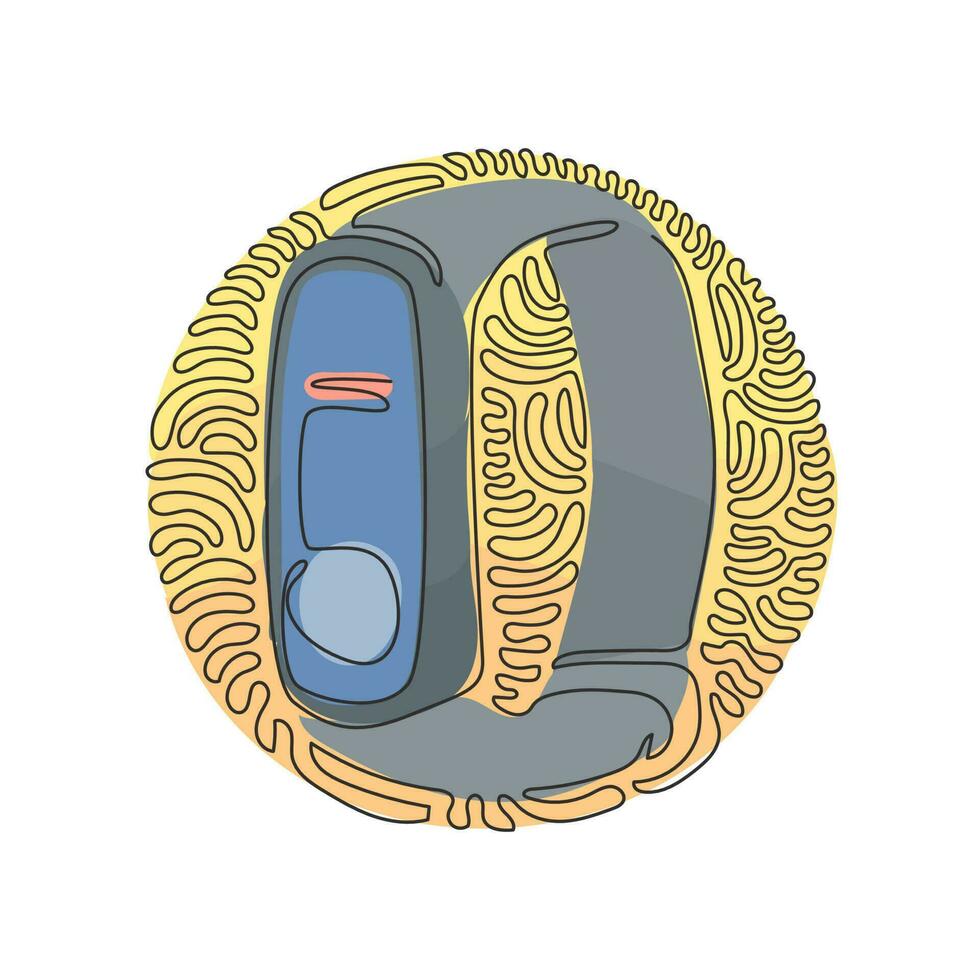 trazado de una línea continua rastreador de fitness de banda inteligente ruta de la mano. pulsera de reloj de fitness inteligente digital con pantalla táctil. estilo de fondo de círculo de rizo de remolino. gráfico vectorial de diseño de dibujo de una sola línea vector