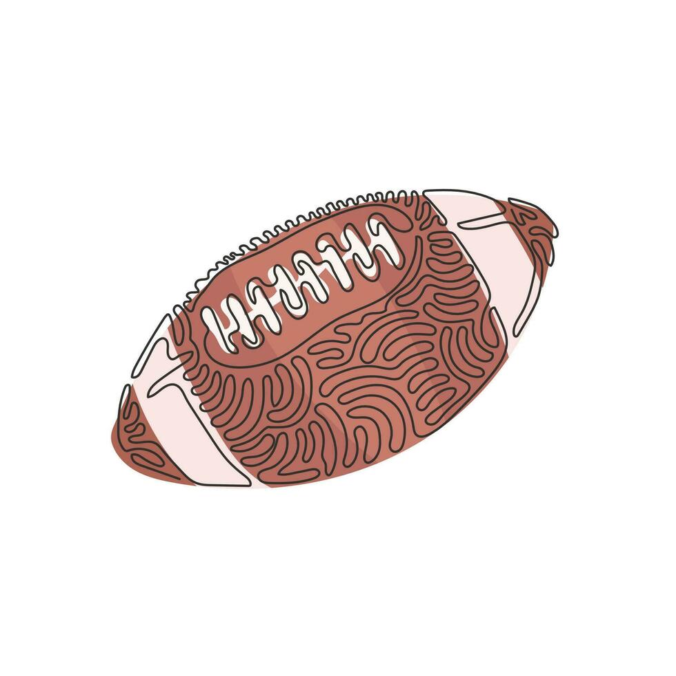 Single one line drawing leather American football ball. American college high school junior striped football. Swirl curl style concept. Modern continuous line draw design graphic vector illustration