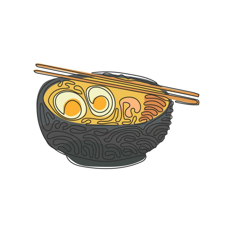 Single continuous line drawing Japanese food ramen noodles with various toppings in bowl. Traditional Asian noodle soup. Swirl curl style. Dynamic one line draw graphic design vector illustration