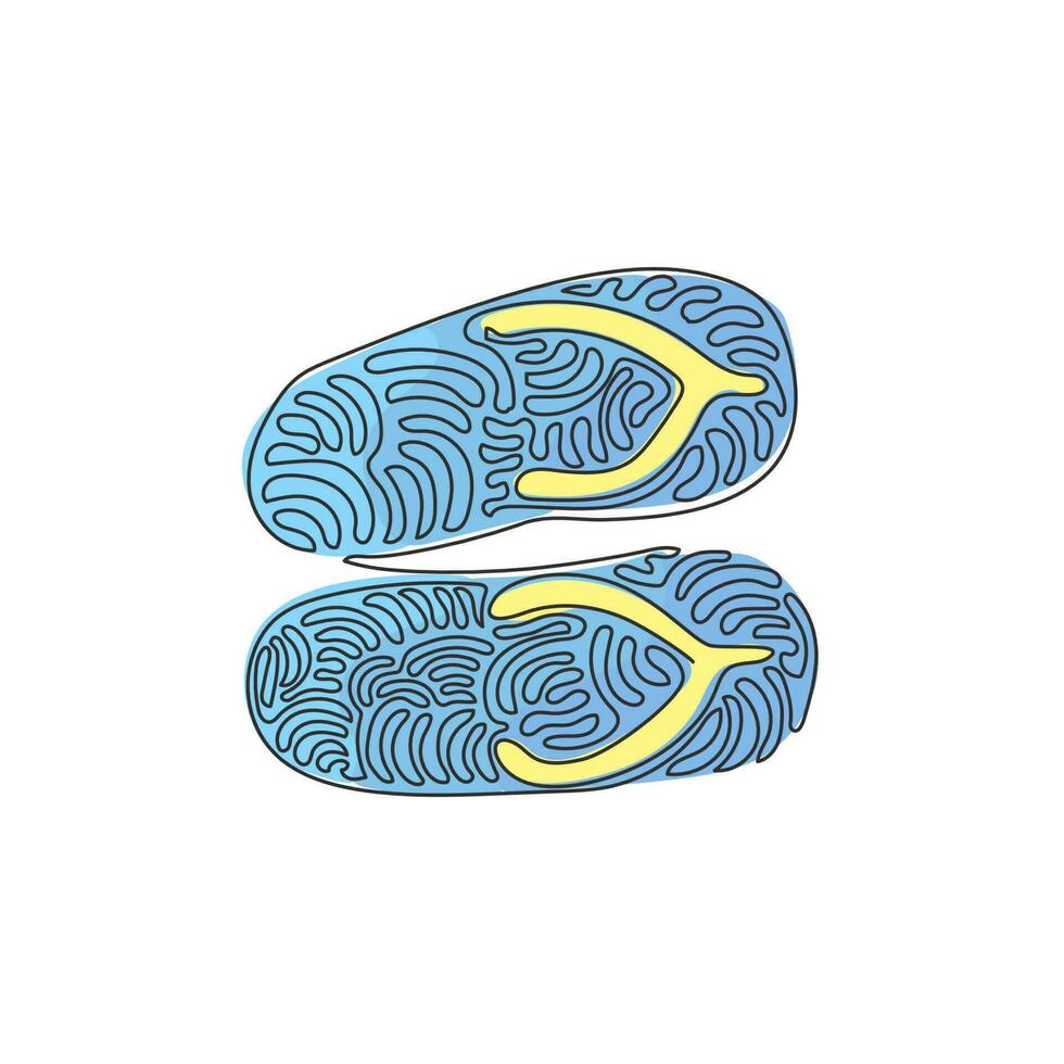 Continuous one line drawing flip flops icon. Cute and colorful summer flip flops for beach holiday designs. Beach sandals. Swirl curl style. Single line draw design vector graphic illustration