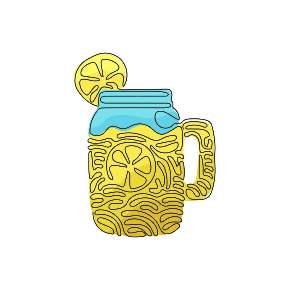 Single one line drawing hand drawn lemon, lemon slice, jar with lemonade. Freshness cold drink water in summer. Swirl curl style. Modern continuous line draw design graphic vector illustration