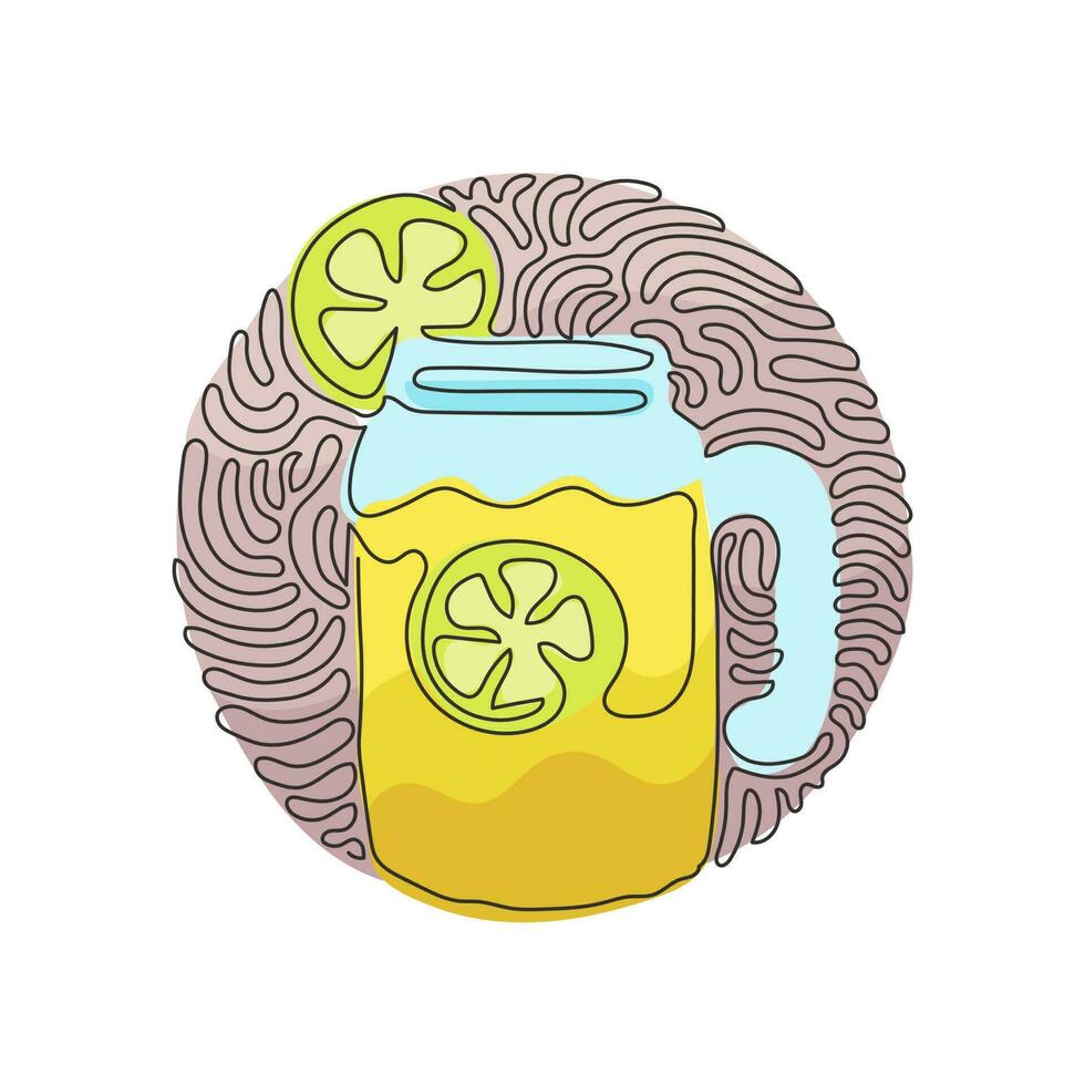 Single continuous line drawing hand drawn lemon, lemon slice, jar with lemonade. Freshness cold drink water in summer. Swirl curl circle background style. One line graphic design vector illustration