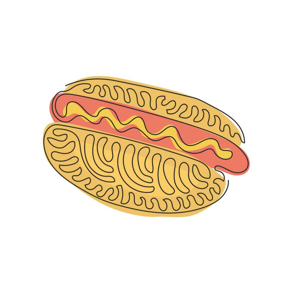 Continuous one line drawing of delicious hot dog. Minimal style. Perfect for cards, posters, stickers, clothing. Food concept. Swirl curl style. Single line draw design vector graphic illustration