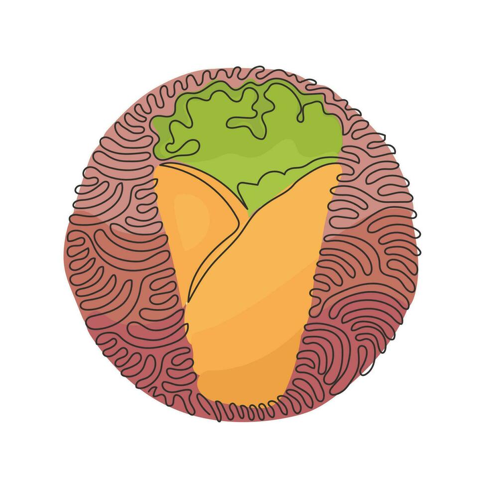 Single one line drawing shawarma or chicken wrap. Turkish fast food with meat and vegetables. Meal on grill of shawarma. Swirl curl circle background style. Continuous line draw design graphic vector