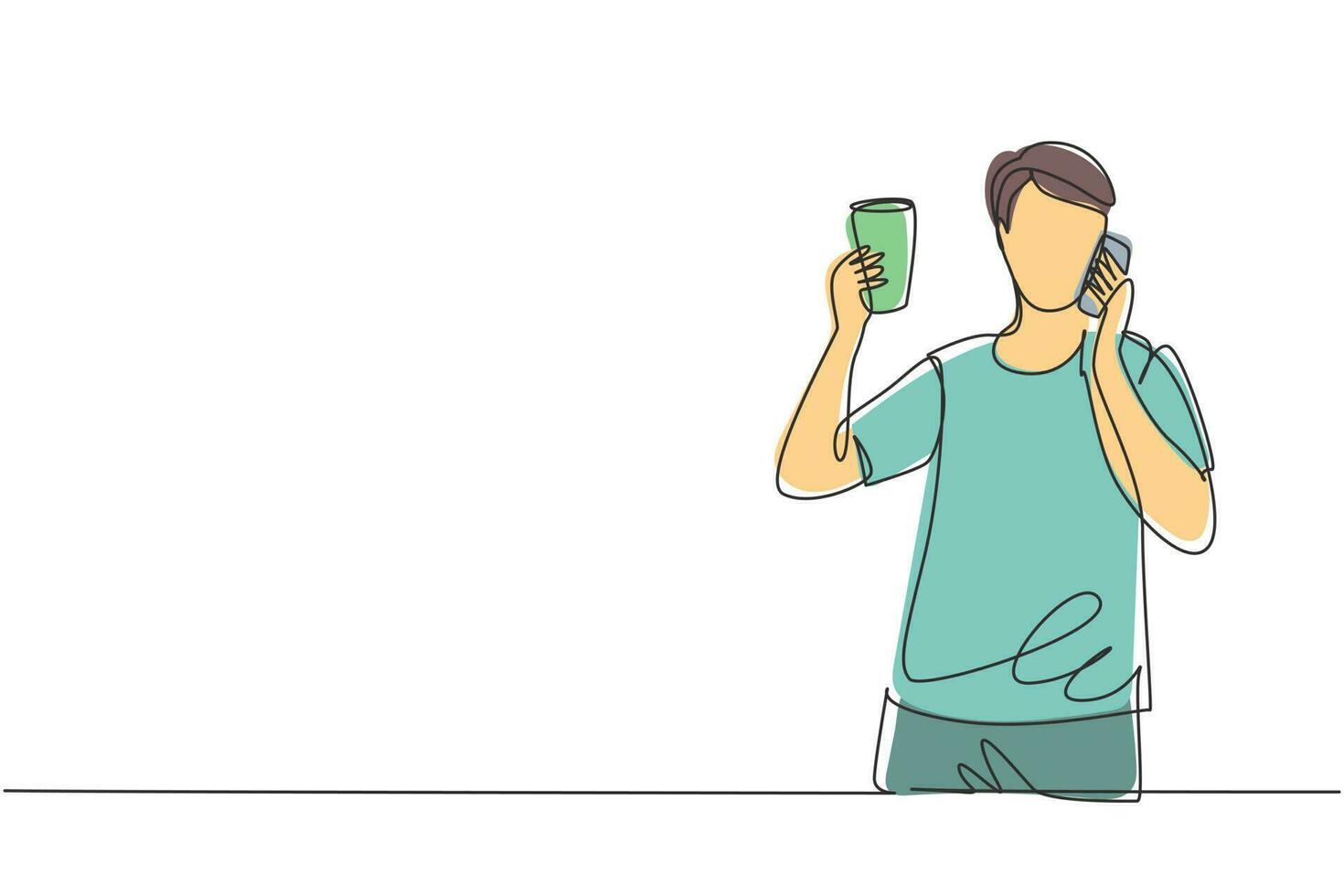 Single continuous line drawing young handsome man drinking orange juice while making phone call with smartphone and having breakfast at home. Dynamic one line draw graphic design vector illustration