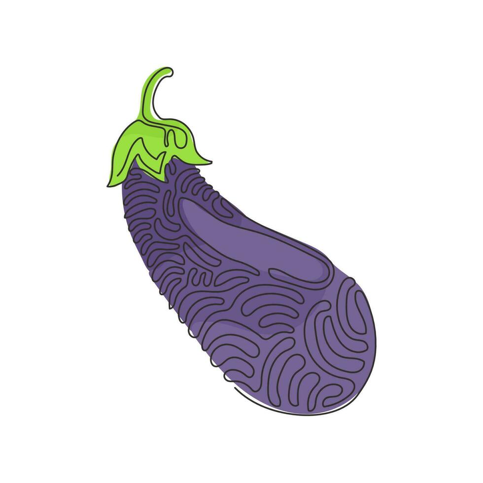 Single continuous line drawing fresh juicy fruit eggplant icon. Vegetable vector illustration. Healthy food single object. Swirl curl style. Dynamic one line draw graphic design vector illustration