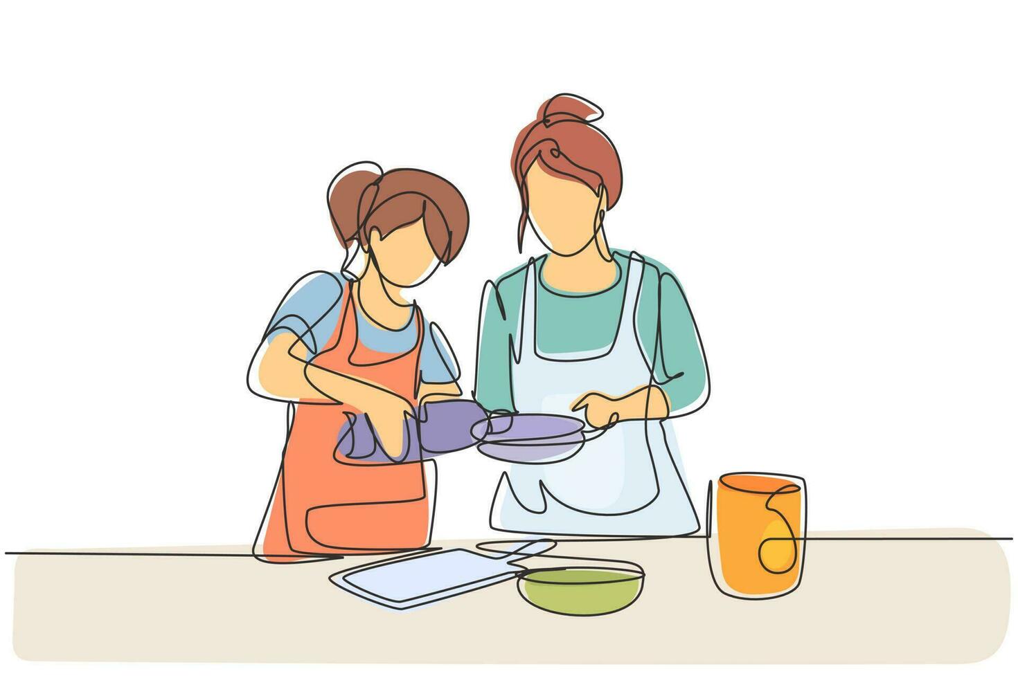 Single one line drawing mother and daughter pour oil into pan which is being held by one of them. Cooking preparation in cozy kitchen at home. Continuous line draw design graphic vector illustration