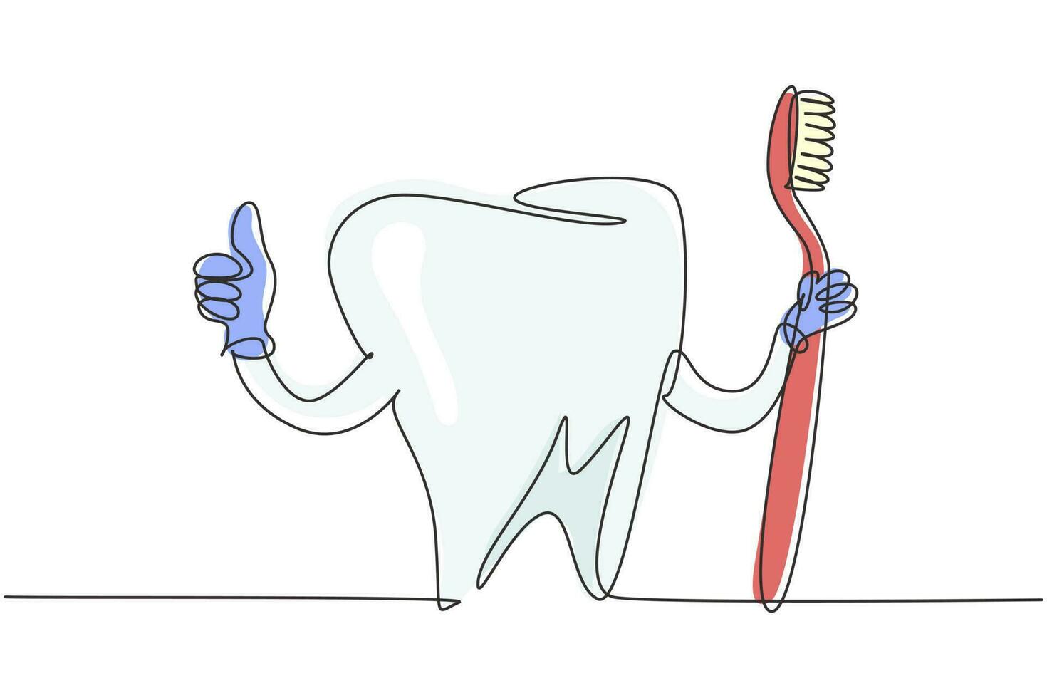 Continuous one line drawing giant tooth is holding toothbrush and one of his hands is doing thumbs up gesture. Symbol for dental clinic, oral care. Single line draw design vector graphic illustration
