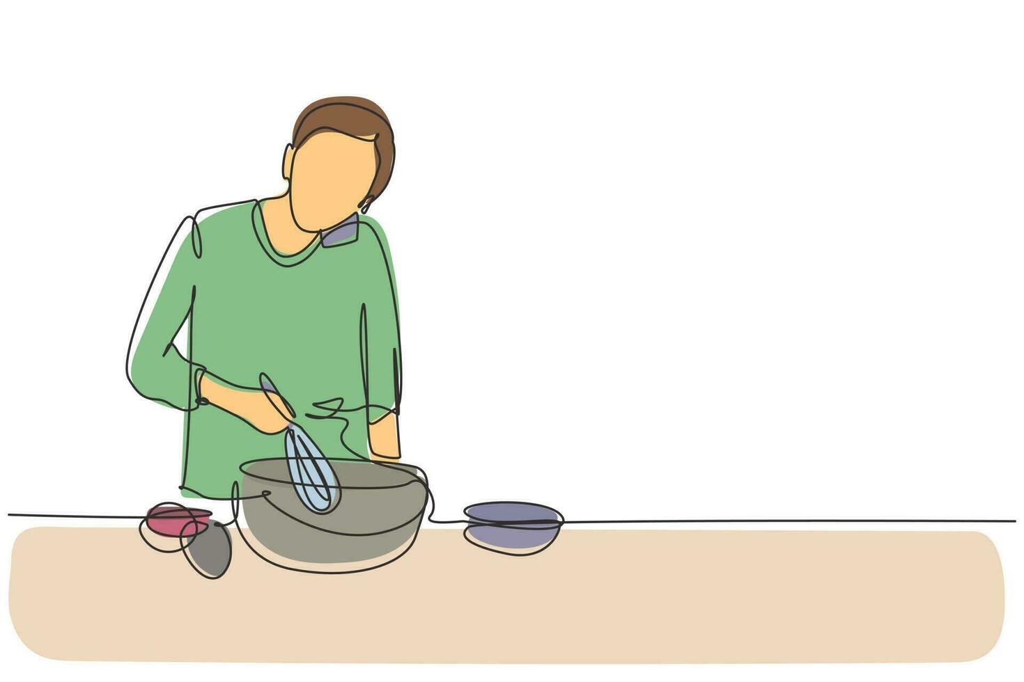 Single continuous line drawing man talks on smartphone while preparing dinner while standing in kitchen and knead cake dough using manual hand mixer. One line draw graphic design vector illustration