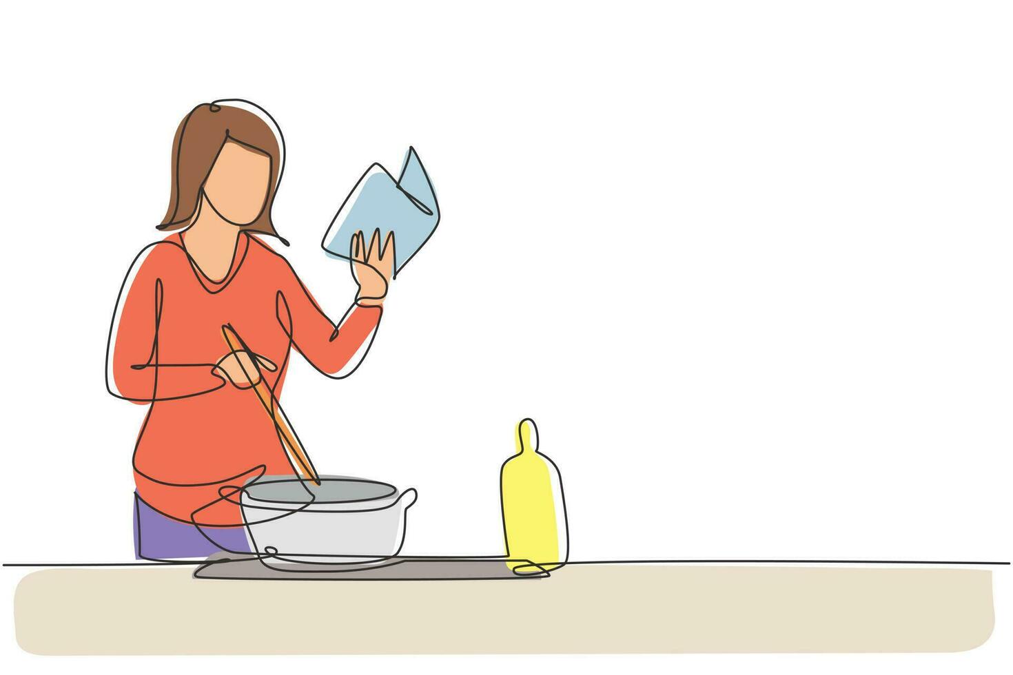 Single one line drawing young woman cooking while reading book she is holding. Healthy food lifestyle concept. Cooking at home. Prepare food. Continuous line draw design graphic vector illustration