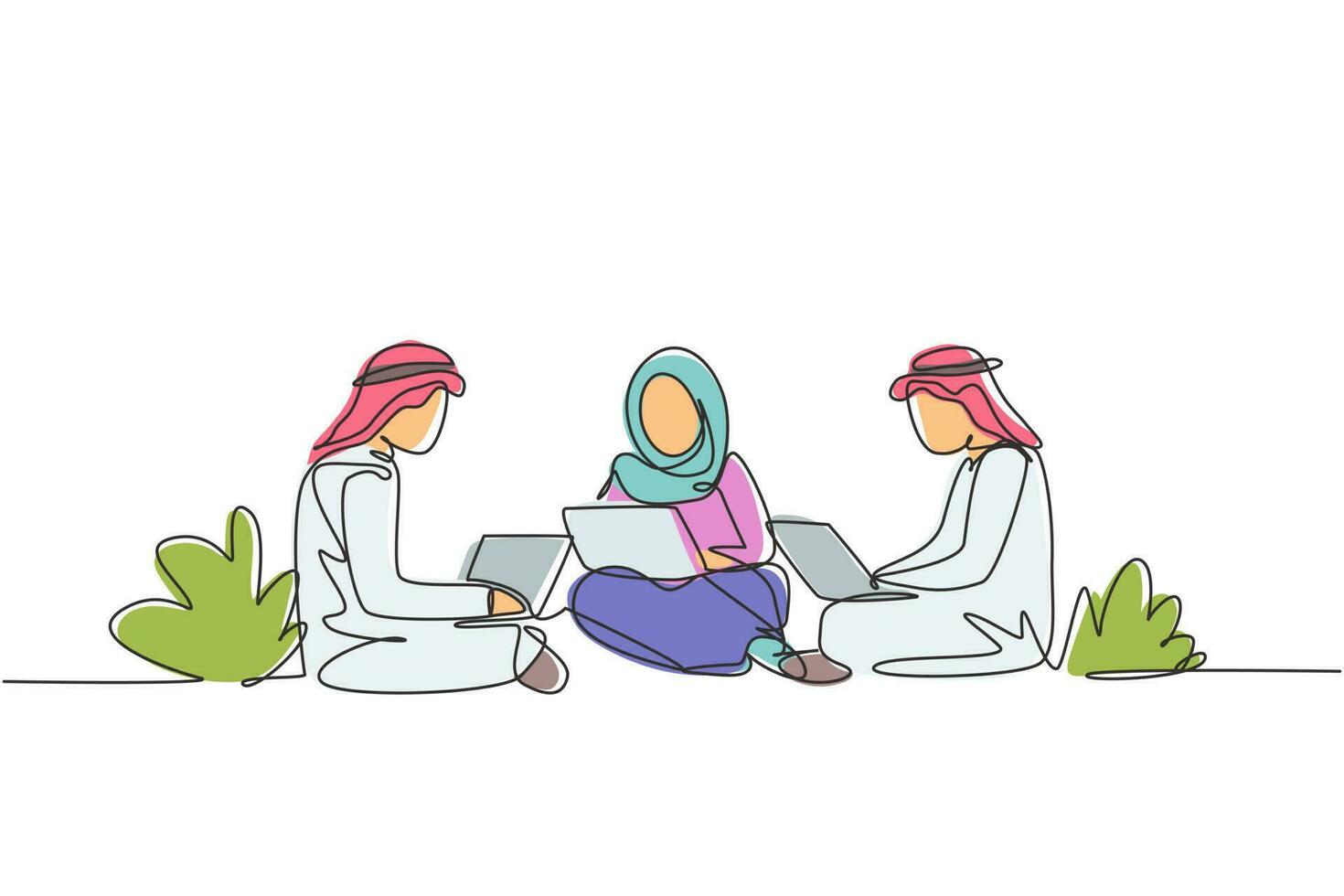 Single continuous line drawing three Arabian students studying with laptop and sitting at the park together. Back to school, online education concept. One line draw graphic design vector illustration