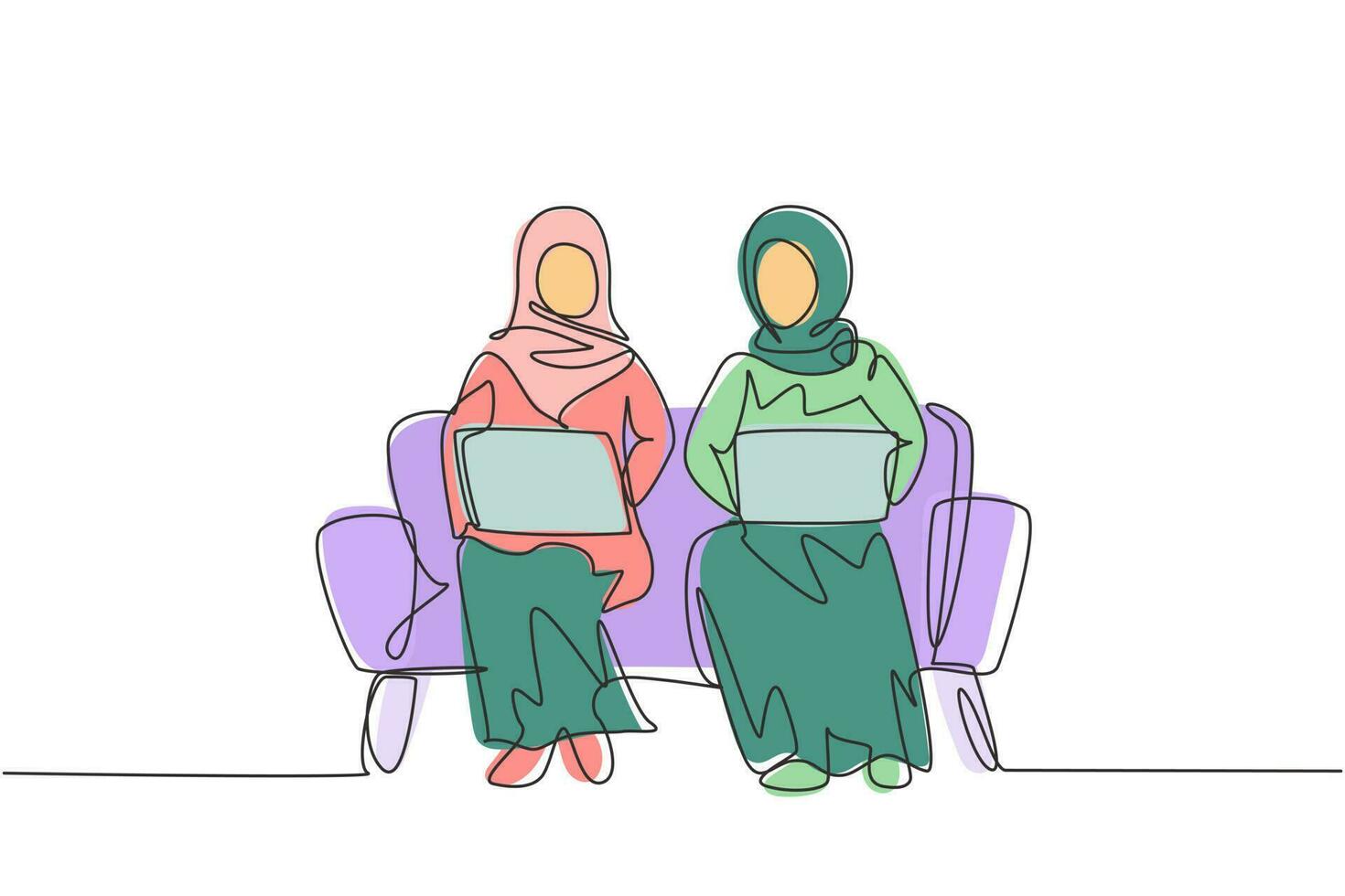 Single one line drawing two Arab woman with laptop sitting on sofa together. Freelance, distance learning, online courses, and studying. Modern continuous line draw design graphic vector illustration