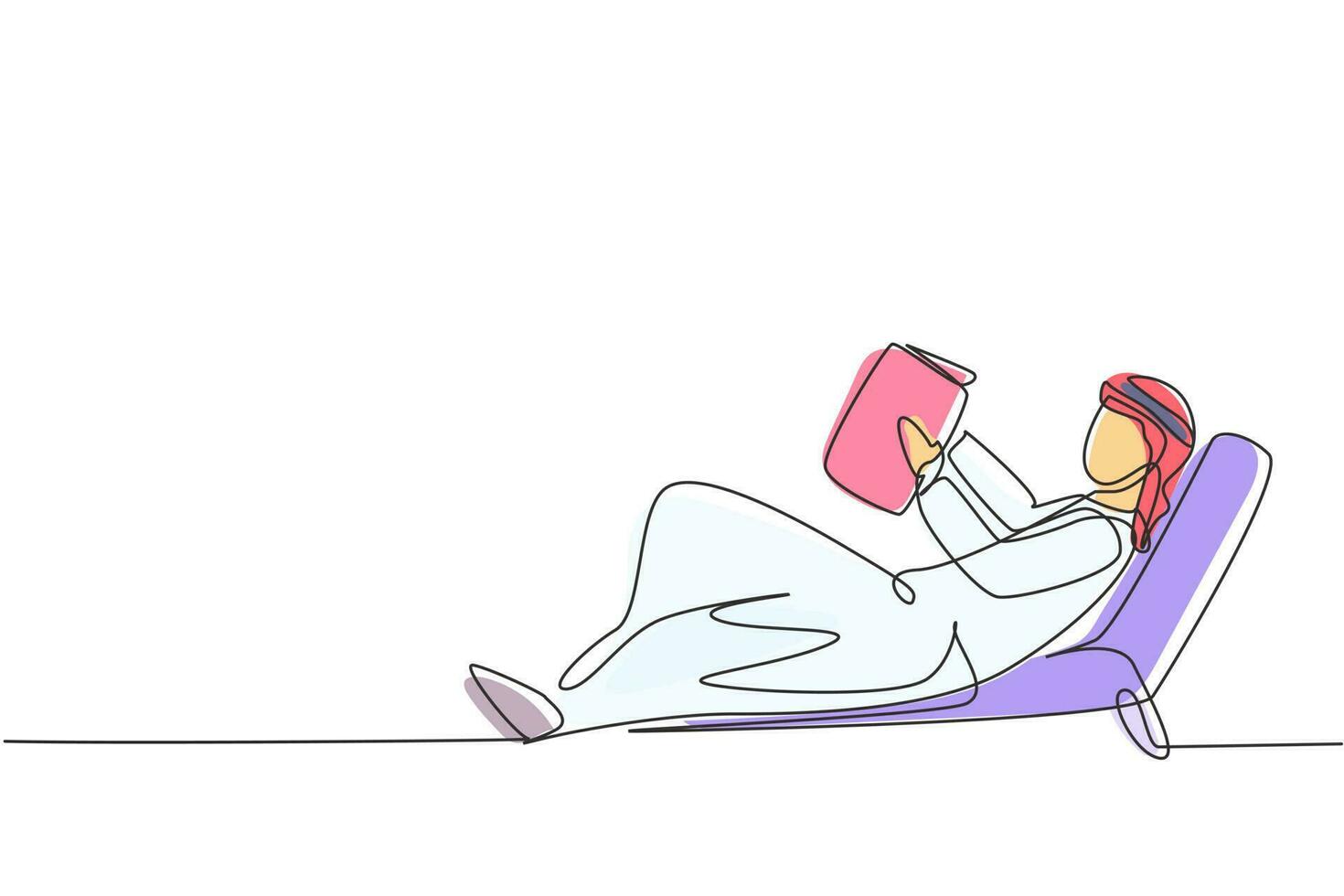 Single continuous line drawing young Arab man reading, learning and laying down on recliner sofa. Literature fans or lovers. Education concept. Dynamic one line draw graphic design vector illustration