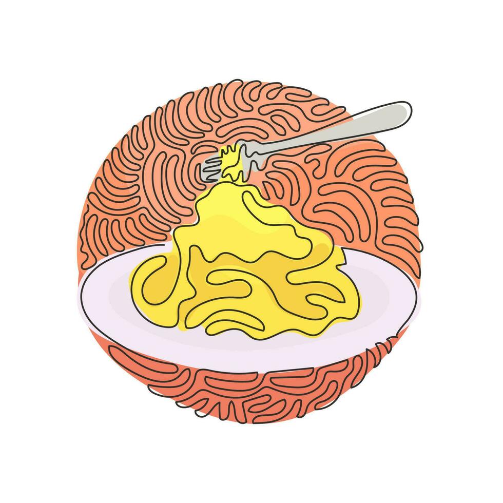 Single continuous line drawing spaghetti bolognese with fork on plate. Classic Italian pasta dish for lunch. Swirl curl circle background style. One line draw graphic design vector illustration