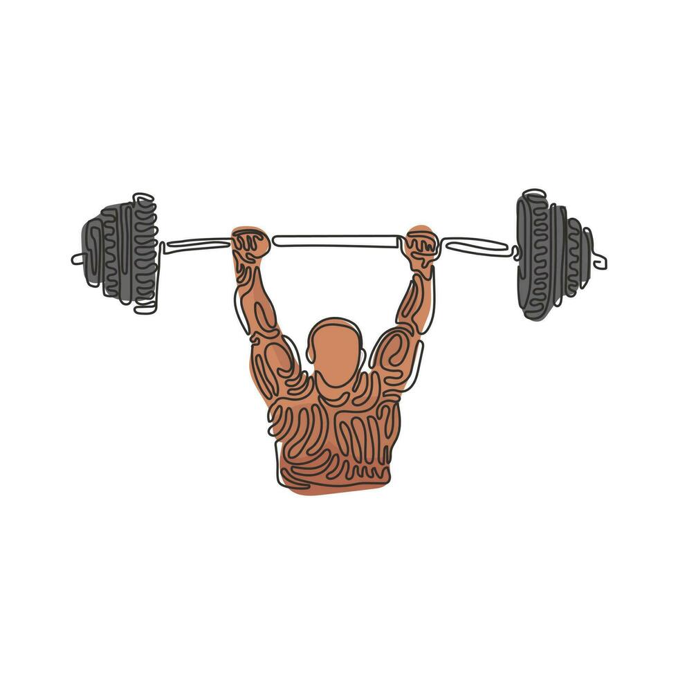 modelo de fitness de culturista de dibujo de una sola línea con barra. insignia del logotipo de fitness con musculoso, gimnástico o estructura corporal. estilo de rizo de remolino. ilustración de vector gráfico de diseño de dibujo de línea continua