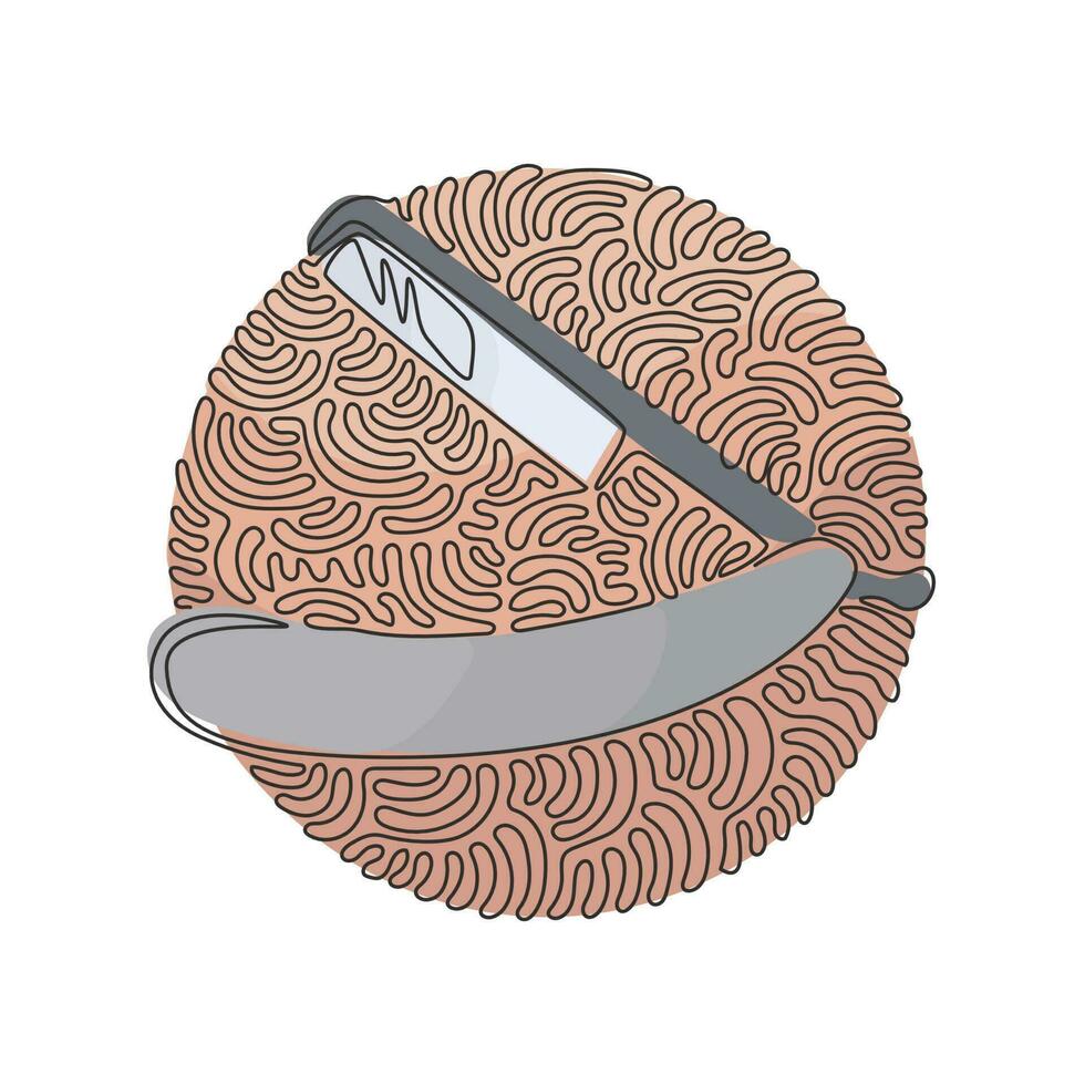 Continuous one line drawing Shaving razor. Realistic illustration of straight razor with handle and wet shave razors for men. Swirl curl circle background style. Single line draw design vector graphic