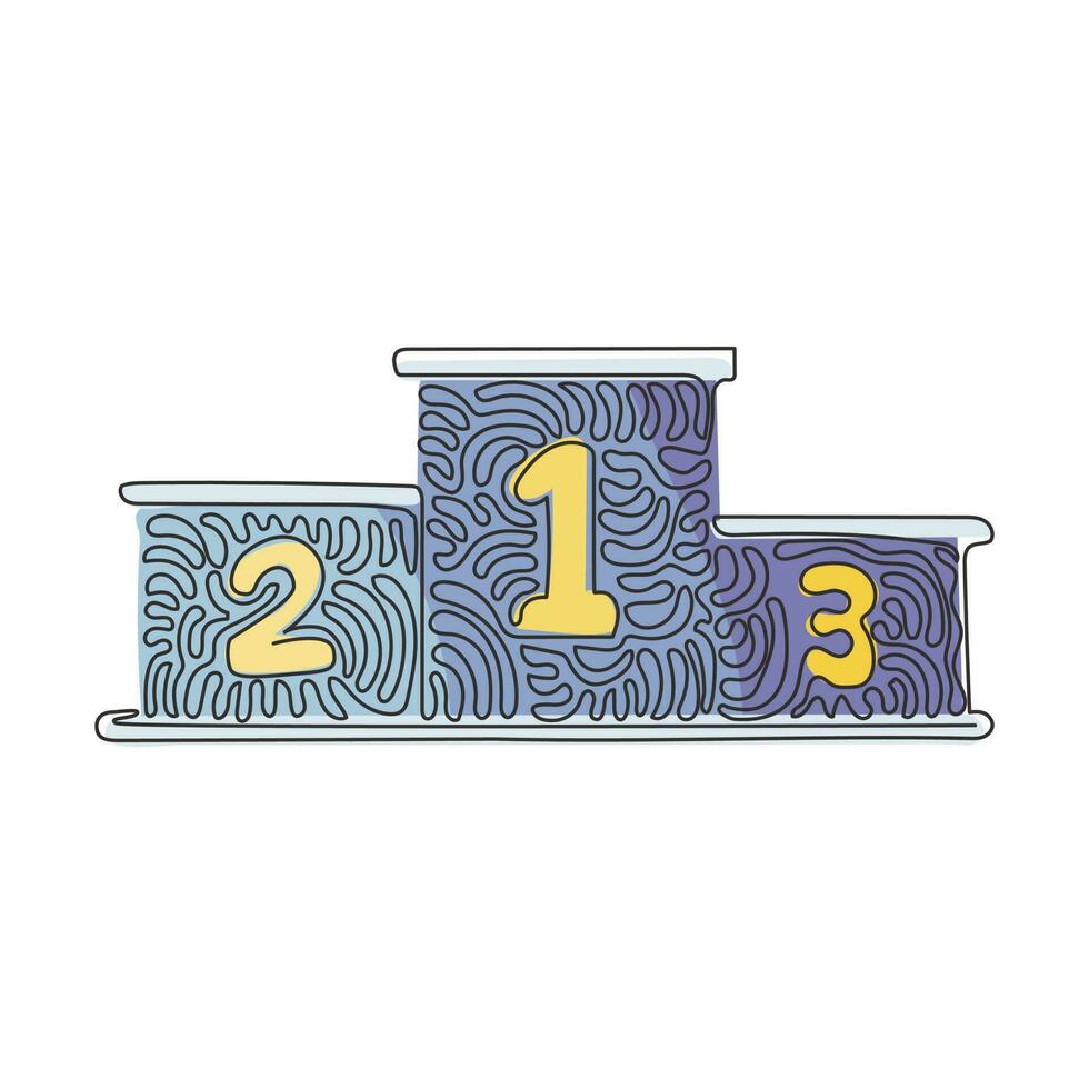 Single continuous line drawing winners podium with number. Pedestal or platform. Stage for awards ceremony event. Swirl curl style concept. Dynamic one line draw graphic design vector illustration