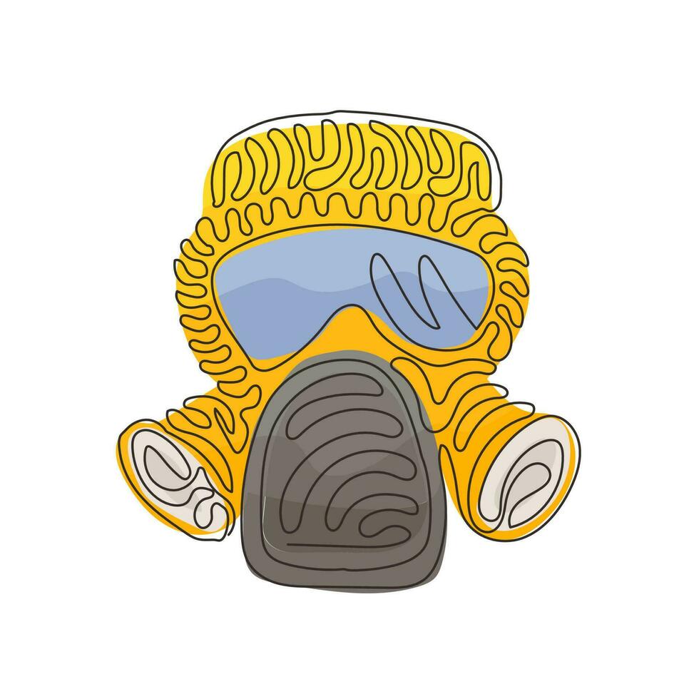 Continuous one line drawing mask with glasses and air filters icon. Defense and protection against poisoning by fumes and smoke. Swirl curl style. Single line draw design vector graphic illustration