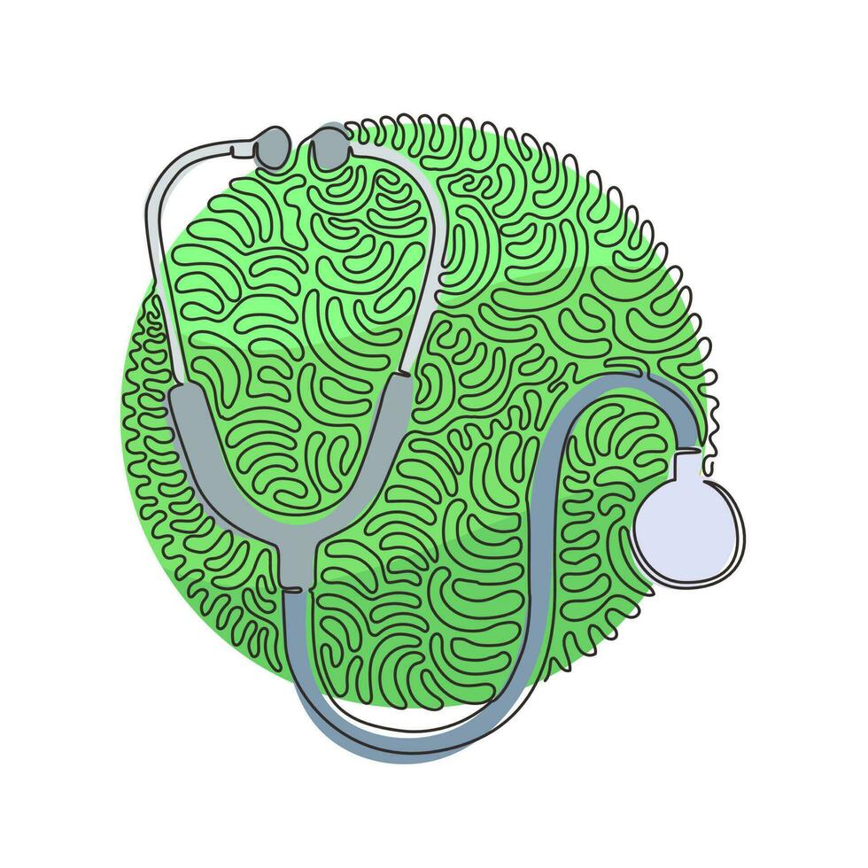 icono de estetoscopio de dibujo de una sola línea, símbolo de diagnóstico. artículo médico, pictograma del hospital, símbolo de la medicina. estilo de fondo de círculo de rizo de remolino. vector gráfico de diseño de dibujo de línea continua moderna