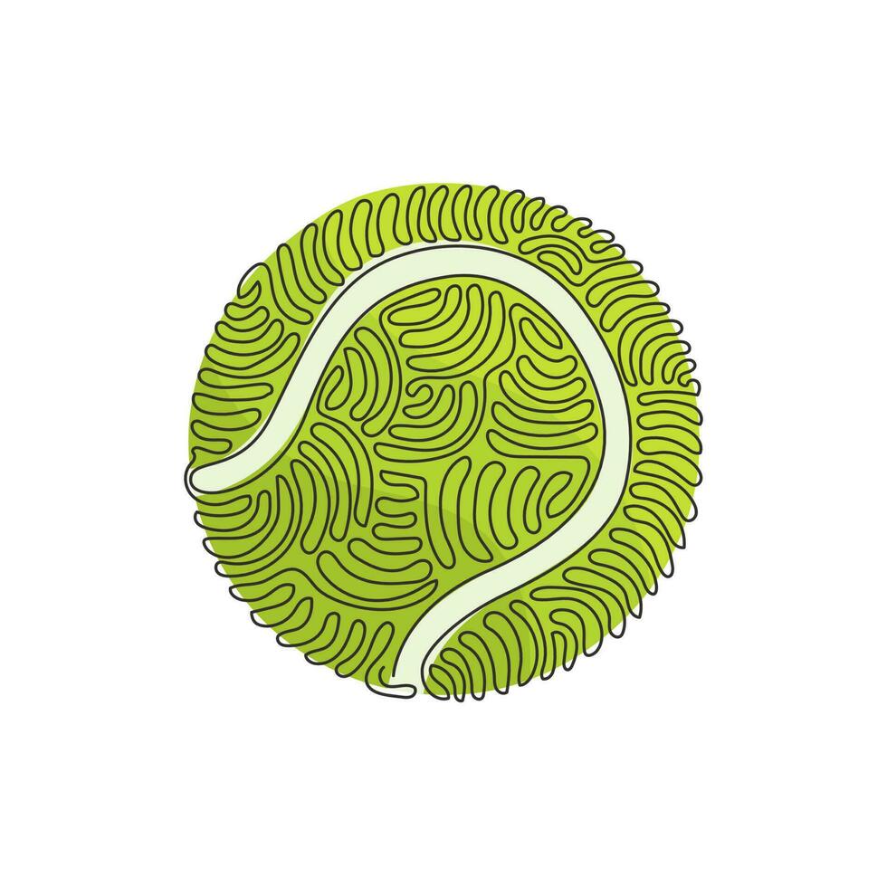 Continuous one line drawing Tennis ball. Game, sport, competing, round. Yellow tennis ball made of felt and rubber. Swirl curl style concept. Single line draw design vector graphic illustration