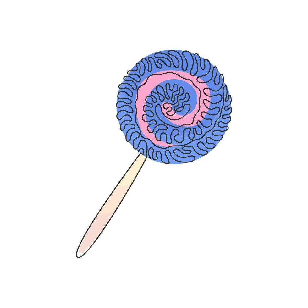 piruletas de remolino de dibujo de una sola línea continua. dulces de azúcar de colores para el postre. caramelo dulce en palo con diseño retorcido. estilo de rizo de remolino. Ilustración de vector de diseño gráfico de dibujo de una línea dinámica