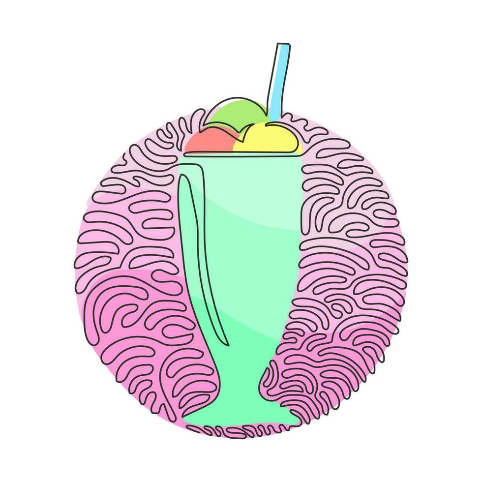 Single continuous line drawing delicious milkshakes in glasses with straws. Sweet cold tasty beverages. Swirl curl circle background style. Dynamic one line draw graphic design vector illustration