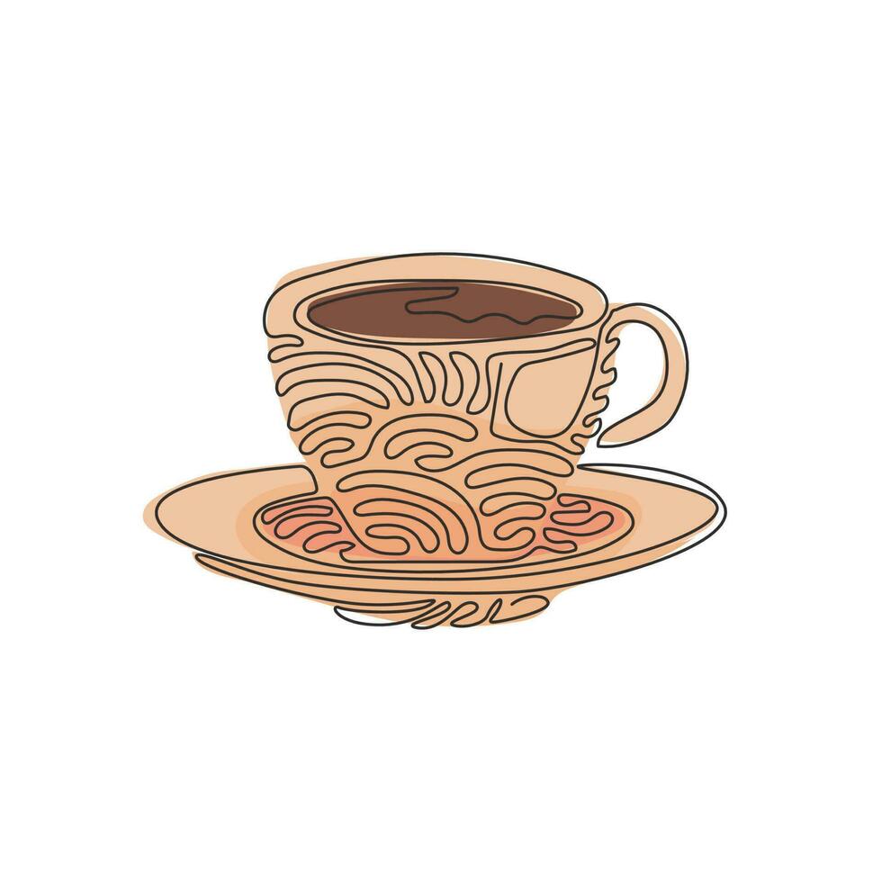 Single continuous line drawing coffee cup for latte, espresso, cappuccino. Hot coffee ready to drink for breakfast in the morning. Swirl curl style. One line draw graphic design vector illustration