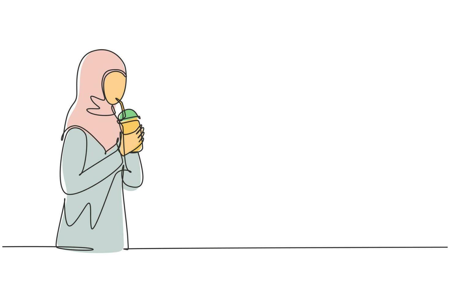 Continuous one line drawing side view of young Arab woman using straw and drinking smoothie juice from plastic cup. Make her refreshing in summer. Single line draw design vector graphic illustration