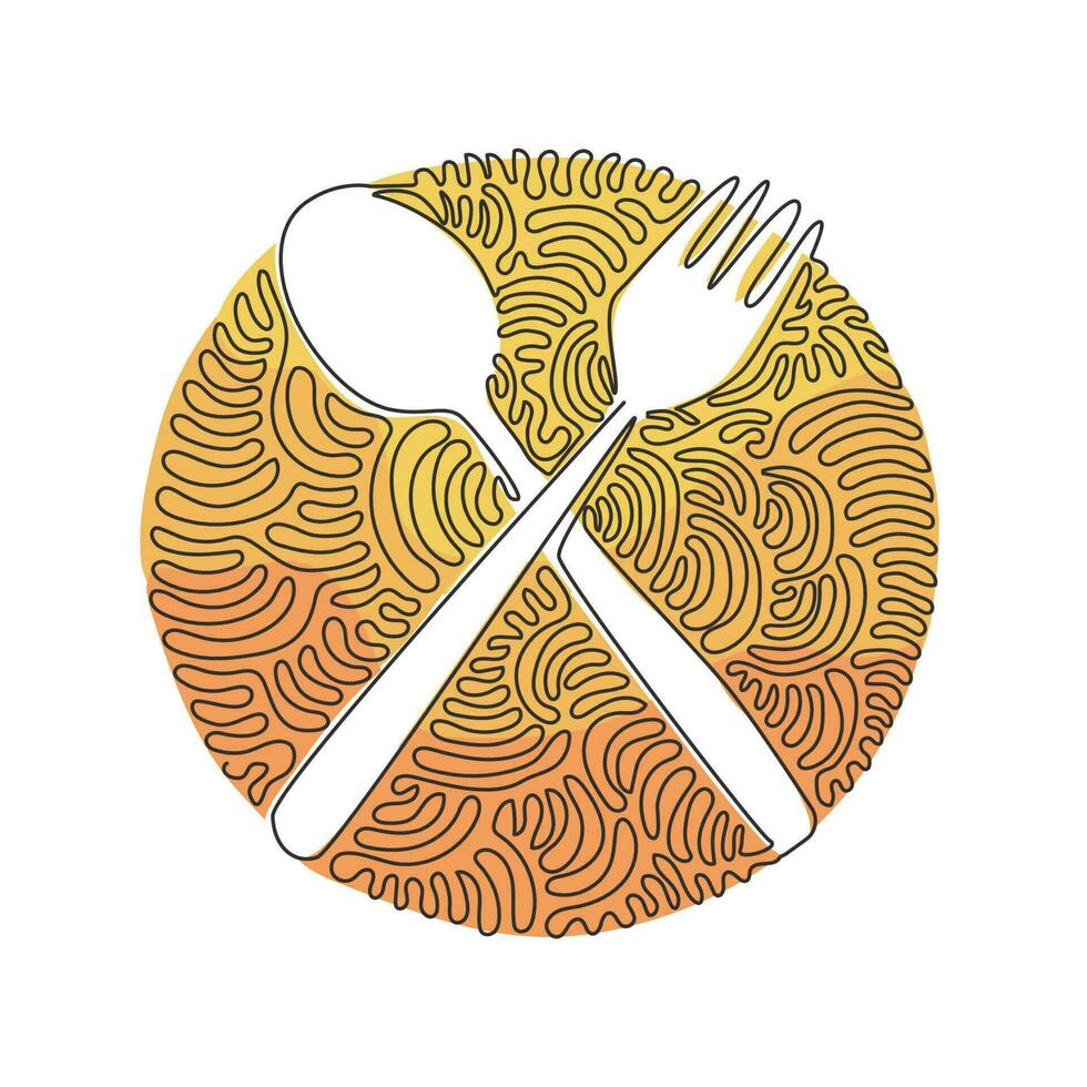 Single continuous line drawing crossed spoon and fork icon. Restaurant symbol. Cutlery simple flat design. Swirl curl circle background style. Dynamic one line draw graphic design vector illustration