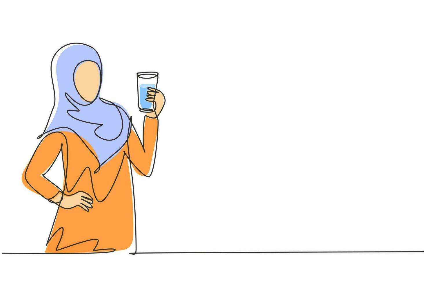 Single one line drawing portrait of happy young Arabian female holding glass of orange juice. Make her refreshing in summer season. Modern continuous line draw design graphic vector illustration