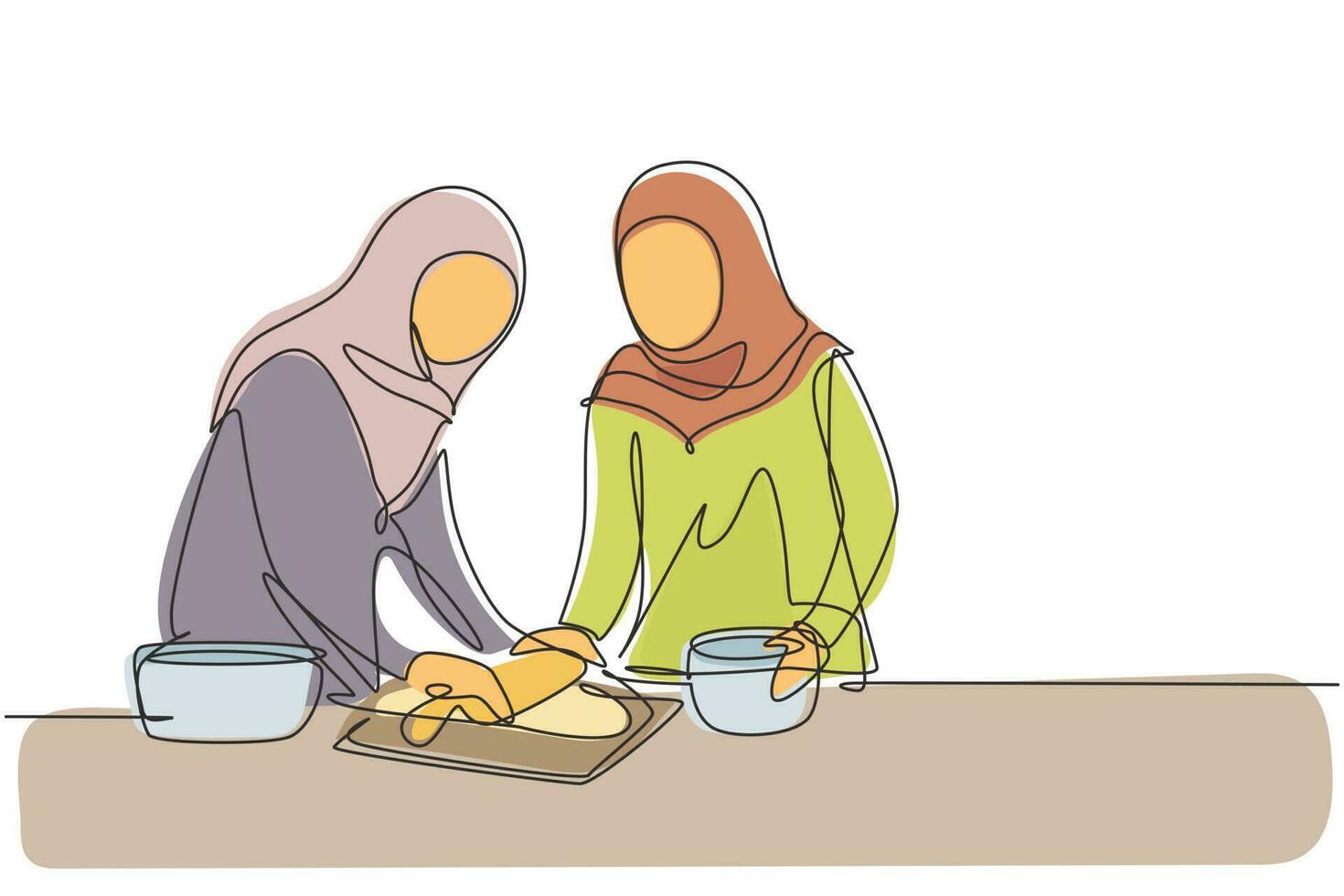 Continuous one line drawing two Arabian woman making cookie dough using rolling pin at cozy kitchen table. Making bakery and homemade pizza at home. Single line draw design vector graphic illustration