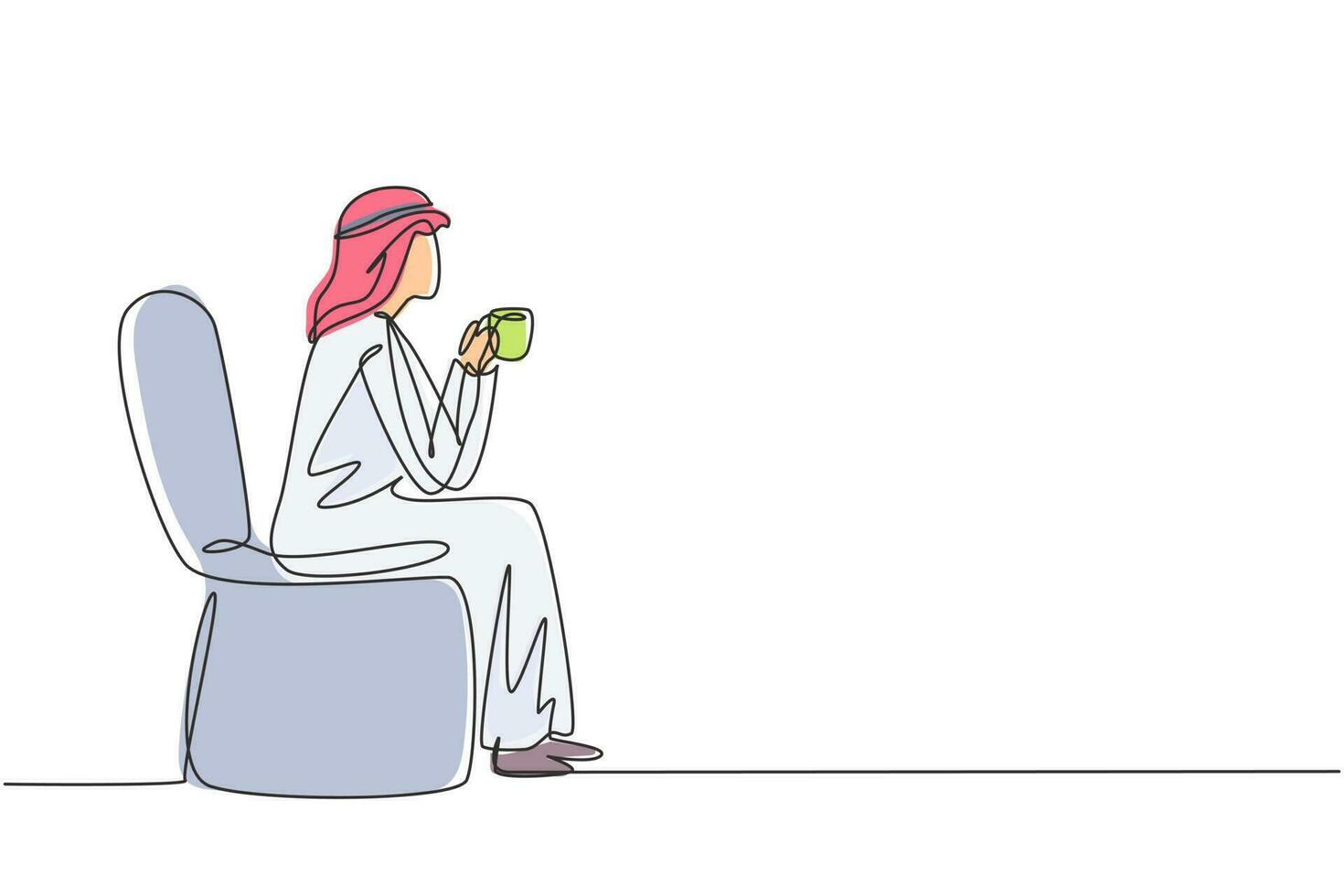 soltero continuo línea dibujo joven árabe chico sentado en moderno silla, disfrutando café en frente de ventana a acogedor hogar, lado ver concepto. dinámica uno línea dibujar gráfico diseño vector ilustración